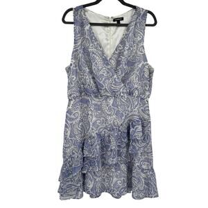 Express Women's Large Blue Paisley Ruffle Wrap Front Sleeveless V Neck Dress
